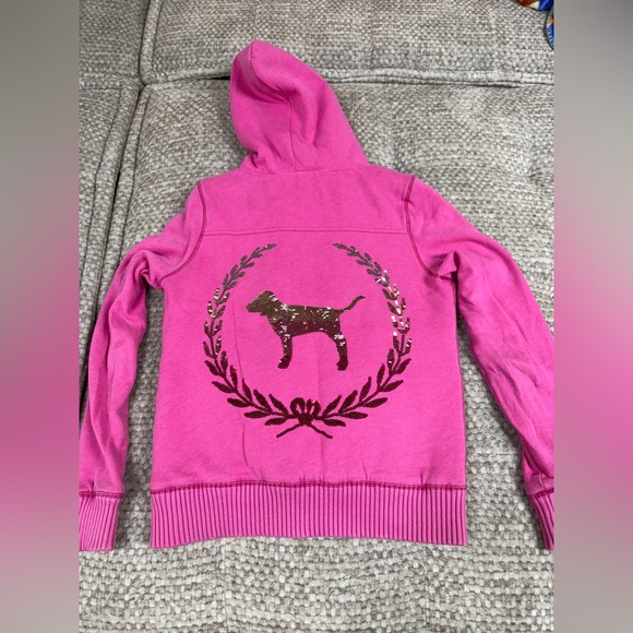 VINTAGE Victoria's Secret PINK Hoodie Full Zip Fur Lined Jacket Dog Sequin XS - Picture 1 of 16
